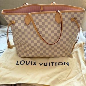Authentic LV Neverfull MM Damier Azur w/ pink interior
